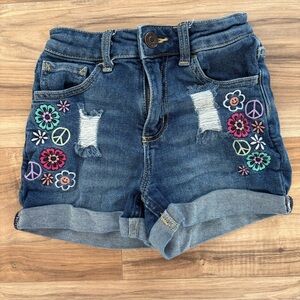 Girls Justice Embroidered Denim Shorts with Peace Signs and Flowers